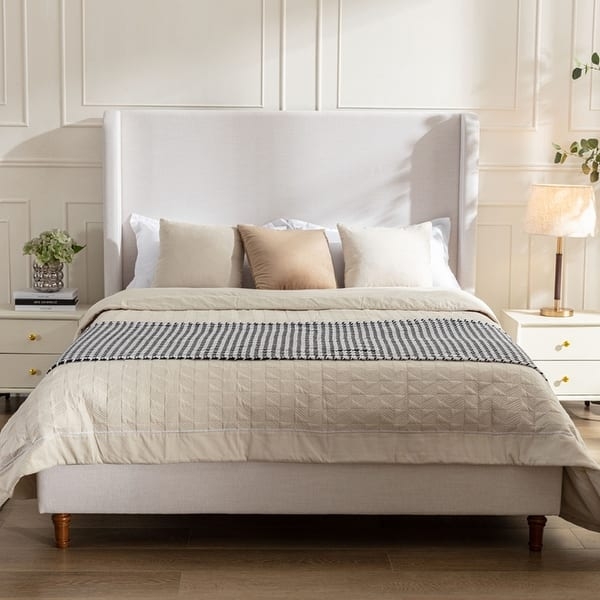 Navy Blue Upholstered Bed with Tall Vertical Channel Tufting