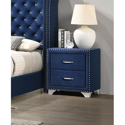 Navy Blue Upholstered Nightstand with Brushed Gold Metallic Base
