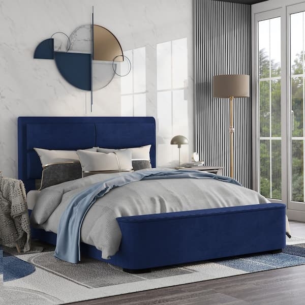 Navy Blue Wood Storage Bed with Vertical Panel Headboard