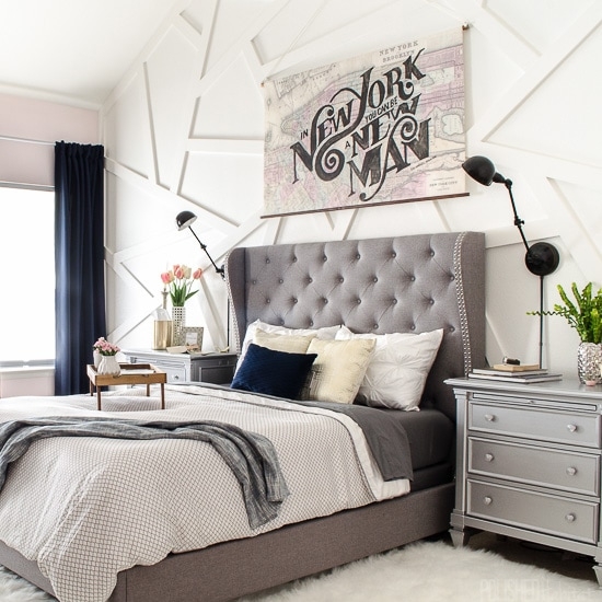 Navy Upholstered Bed With Tufting And White Chests