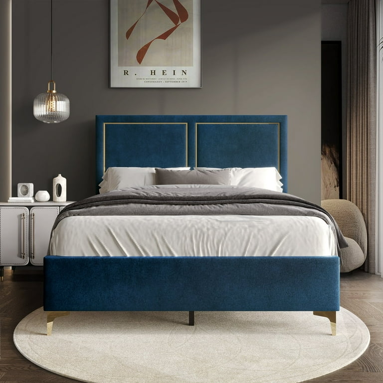 Navy Velvet Twin Bed Frame featuring Gold Stiletto Legs and Tufting