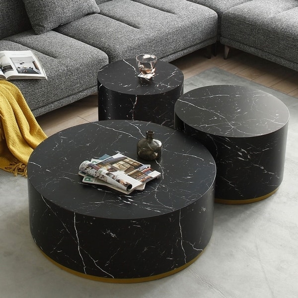 Nested Coffee Table Set, Round Stone Tops with Gold Fluted Base Glam
