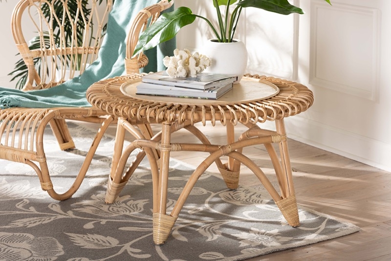 Nested Drum Coffee Table Set with Woven Rattan Bases and Wood Tops