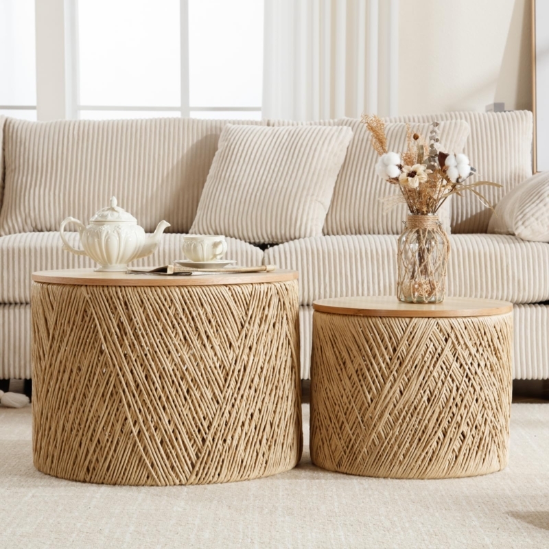 Nesting Coffee Table Set featuring Woven Cane and Fluted Wood Details