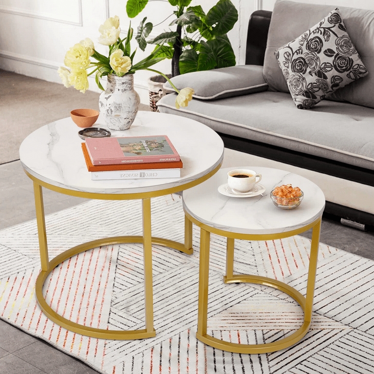 Nesting Coffee Table Set, Mixed Material Tops, Contrast Metal Finishes