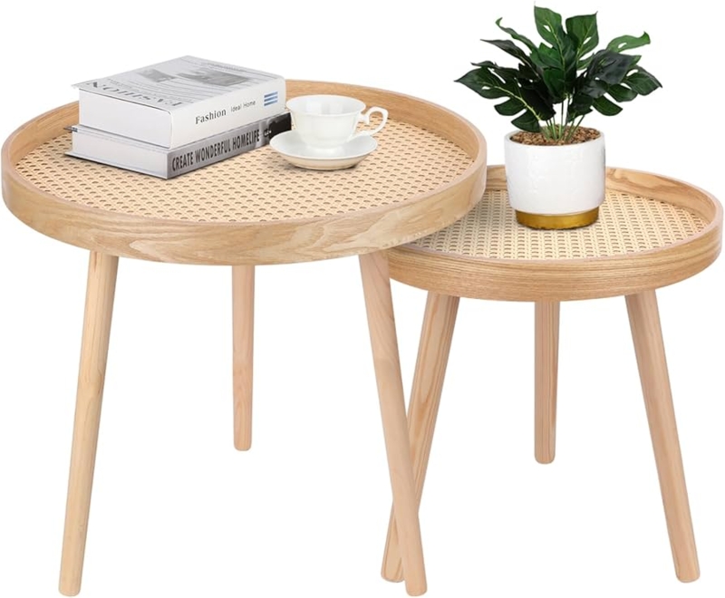Nesting Coffee Table Set Rattan Cane Top Wood Tripod Legs Boho Style