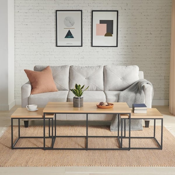 Nesting Coffee Table Set: Rectangular Walnut Tops, Black C-Shaped Frame.