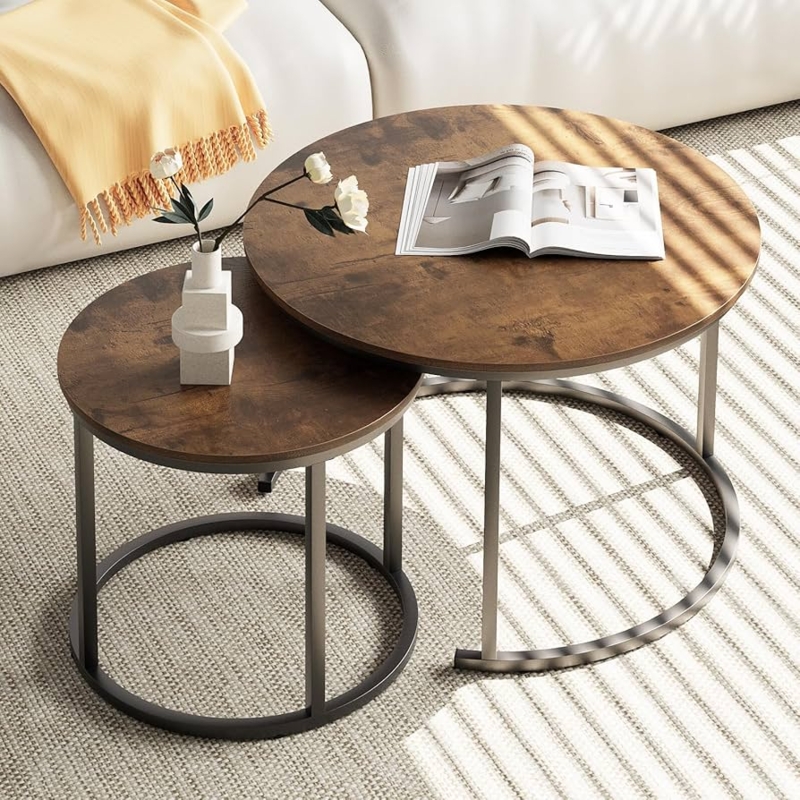 Nesting Coffee Table Set rustic brown tiered height industrial frame