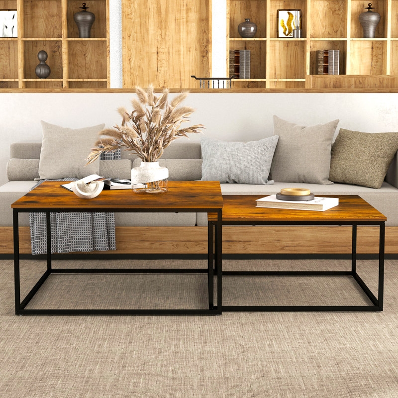 Nesting Coffee Table Set, Square Silhouette, Rustic Brown Wood Finish