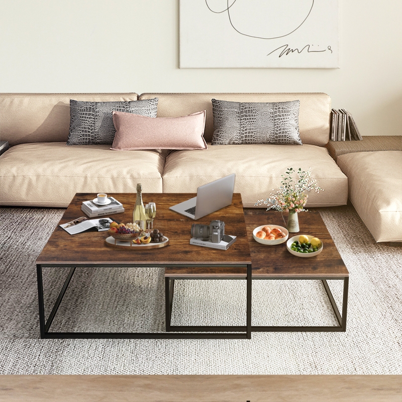 Nesting Coffee Table Set, Square Silhouette, Rustic Wood Grain Pattern