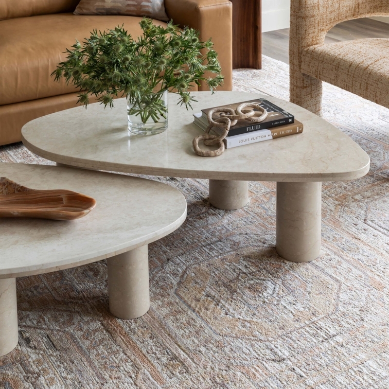 Nesting Coffee Table Set Stone-Like Texture Cylindrical Plinth Base