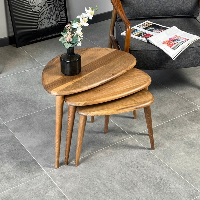 Nesting Coffee Table Set walnut wood organic triangular tops tapered legs