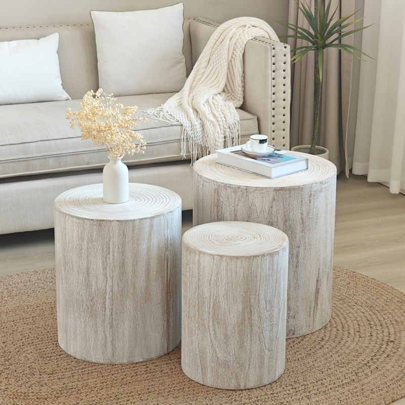Nesting Coffee Table Set Whitewashed Finish Round Wood Coastal Style