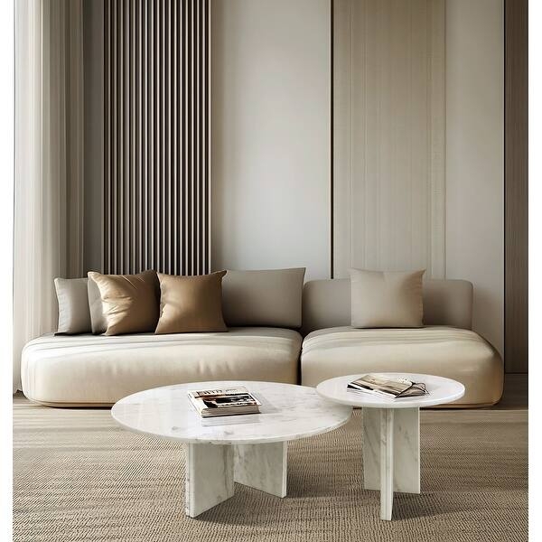 Nesting Coffee Table Set with Round Marble Tops and Fluted Base