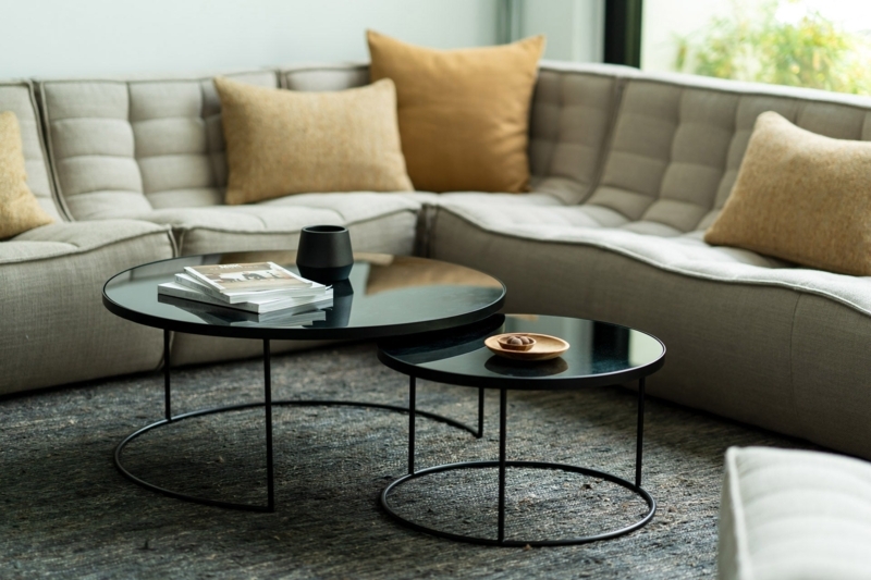 Nesting Coffee Table Set Wood Grain Thin Metal Legs Minimalist