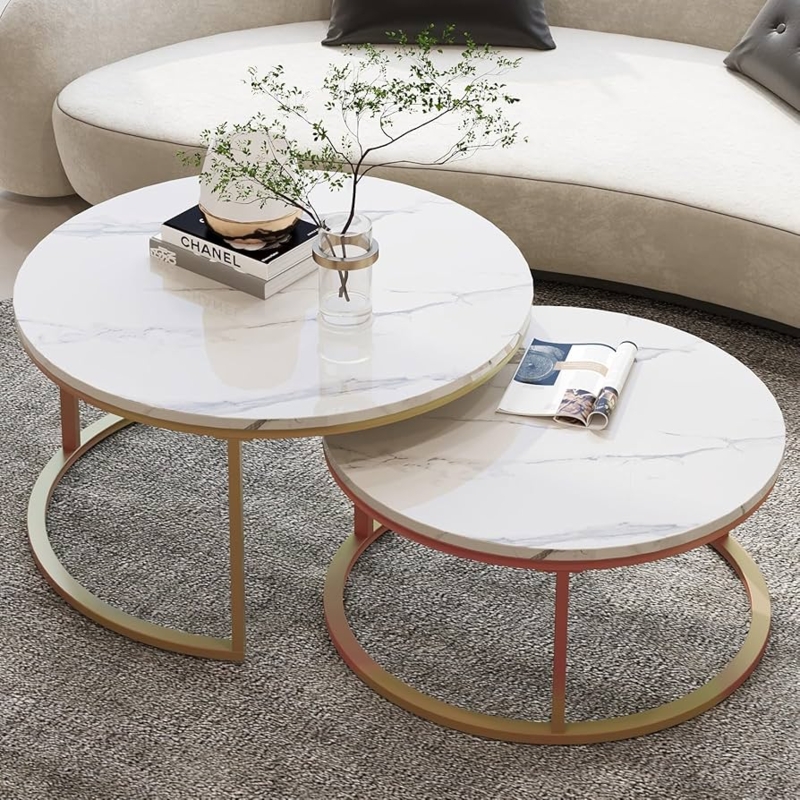 Nesting Coffee Tables Gold Metal Frame Marble Pattern Top Round Glam