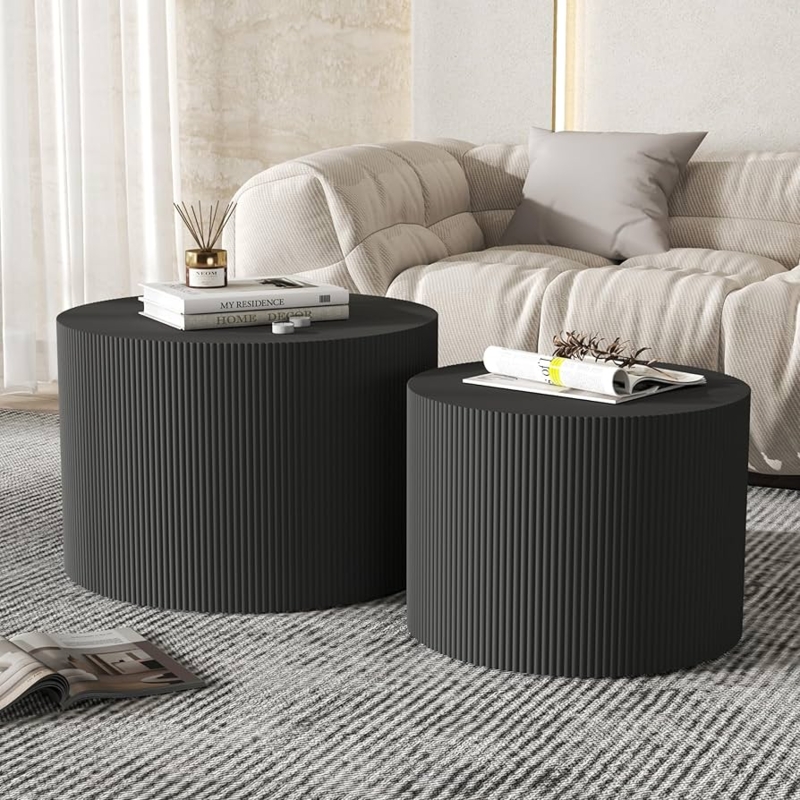 Nesting Coffee Tables in Matte Black Wood Grain for Minimalist Living