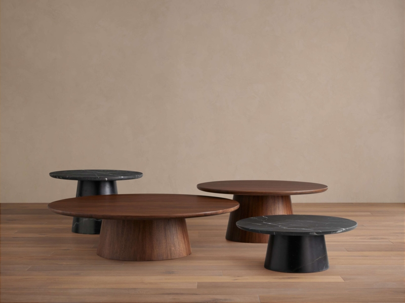 Nesting Coffee Tables: Mixed Material Cluster, Black Marble & Walnut. Modern.