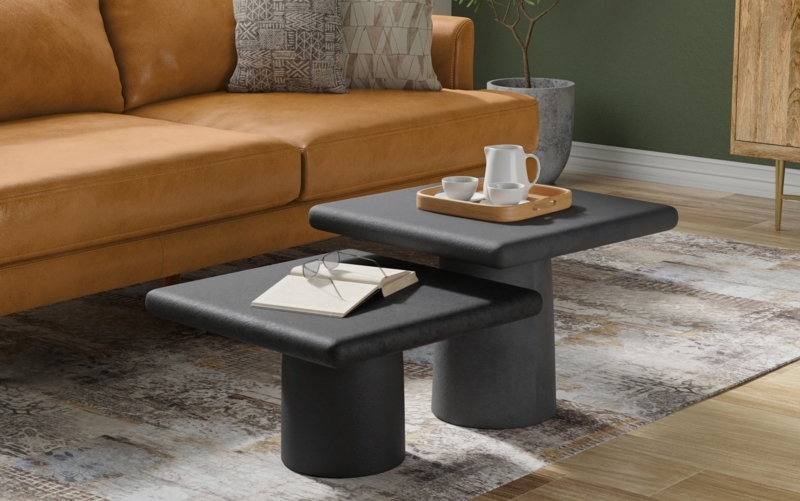 Nesting Coffee Tables, Round Cast Aluminum Texture, Matte Black Finish