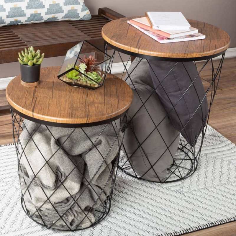 Nesting End Tables geometric wire basket base modern farmhouse wood top