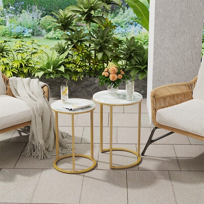 Nesting End Tables Modern Marbled Set with Black Metal Frame