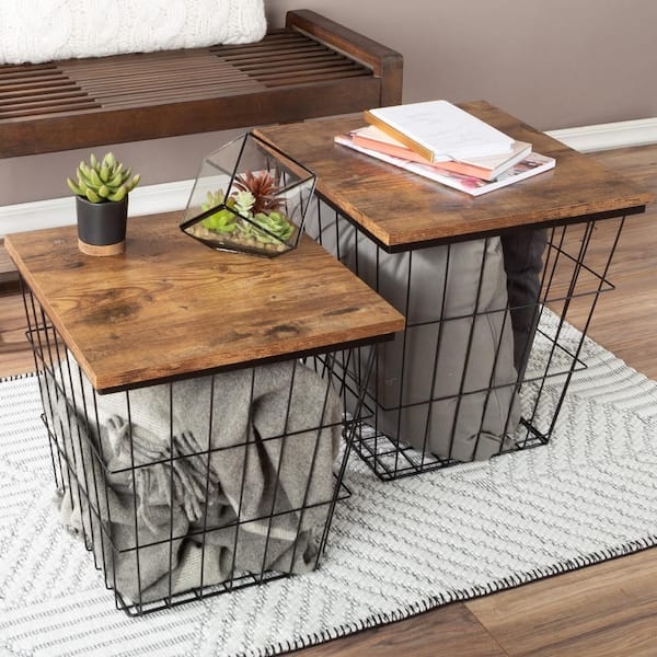 Nesting End Tables square top wire basket storage brown industrial