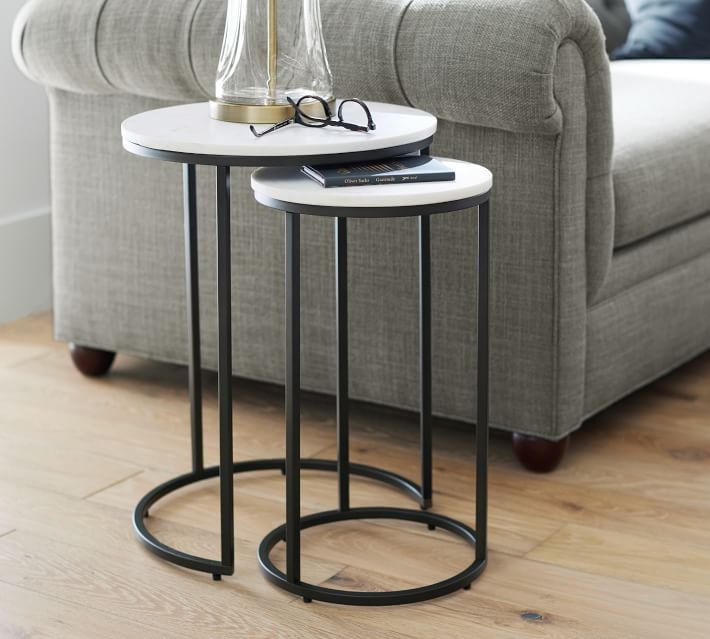 Nesting End Tables white marble tops black metal frame sophisticated