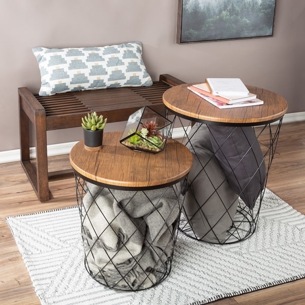 Nesting End Tables with Round Wood Tops and Wire Basket Bases