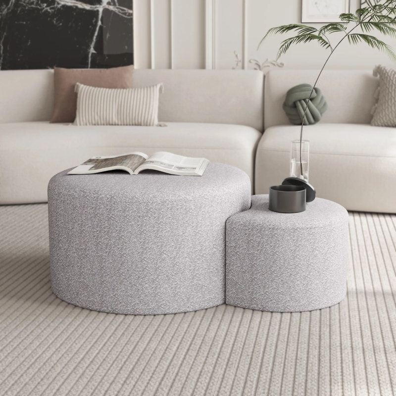 Nesting Ottoman Set Boucle Fabric Beige Modern Drum Silhouette