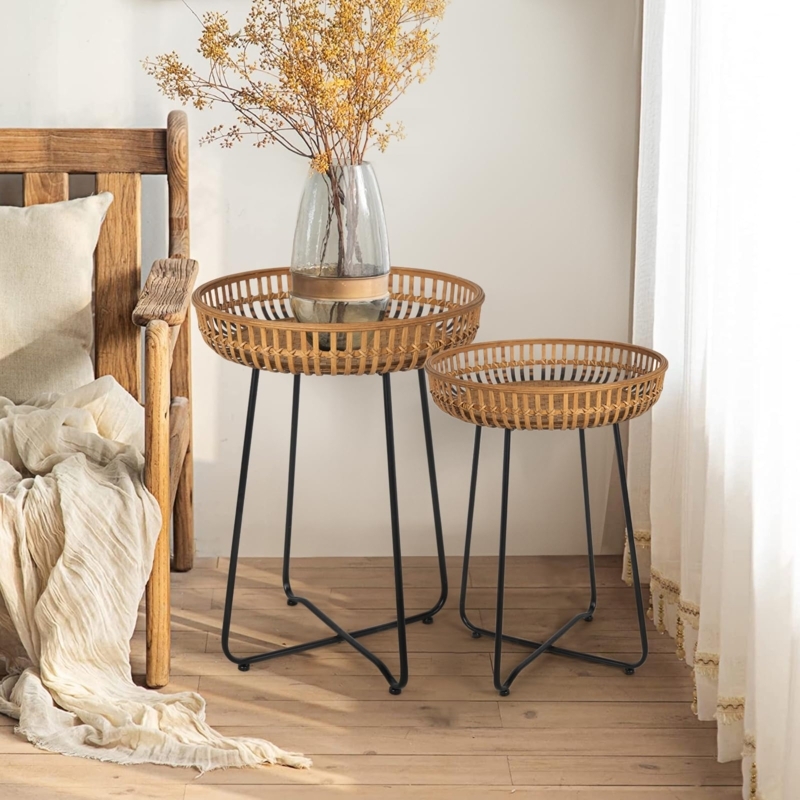 Nesting Side Table Set Rattan And Black Metal Minimalist Design