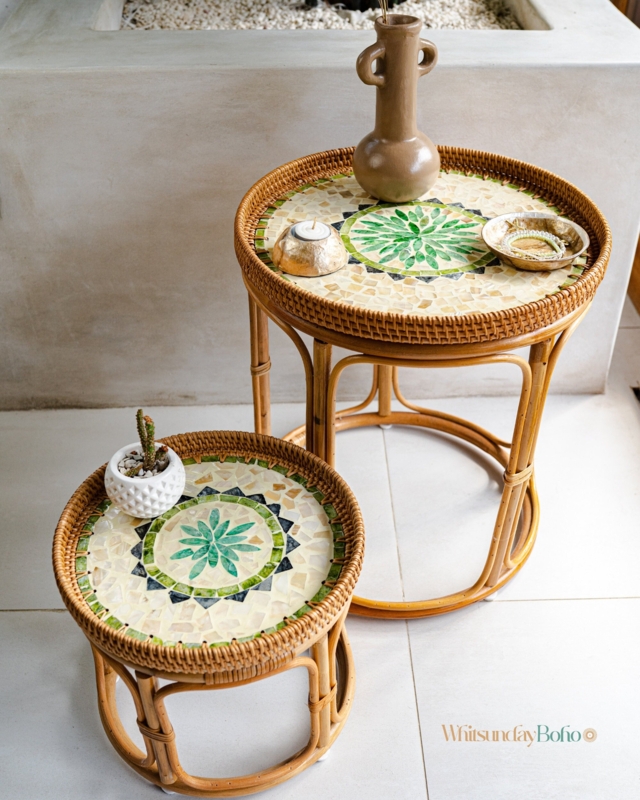Nesting Side Table Set Round Glass Tops Woven Rattan Bases Boho