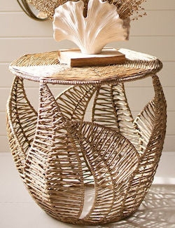Nesting Side Table Set with Woven Seagrass Base and Palm Leaf Motif Tops
