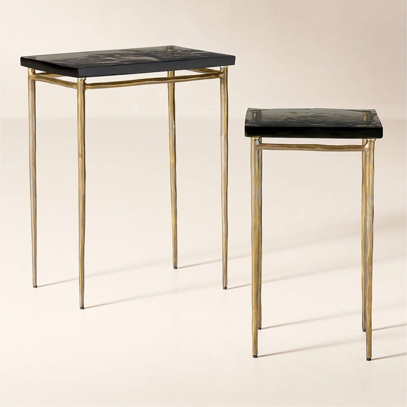 Nesting Side Tables Amber Tint Cast Glass Brass Tripod Modern