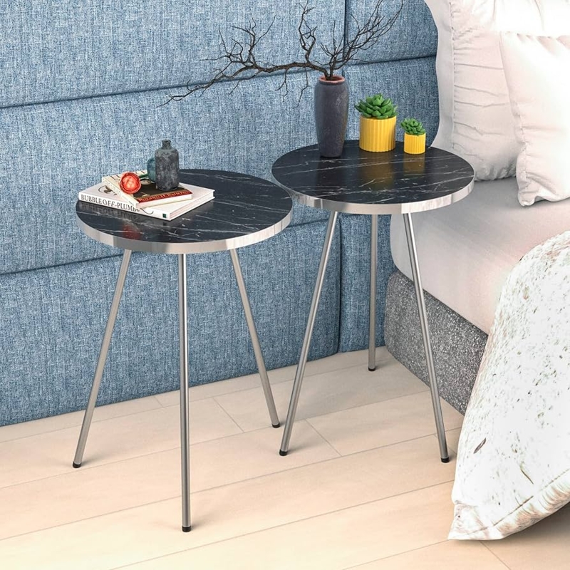Nesting Side Tables Black Marble Look Polished Silver C-Base