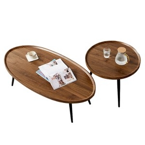Nesting Side Tables Round Top Walnut Finish Metal Frame, Modern