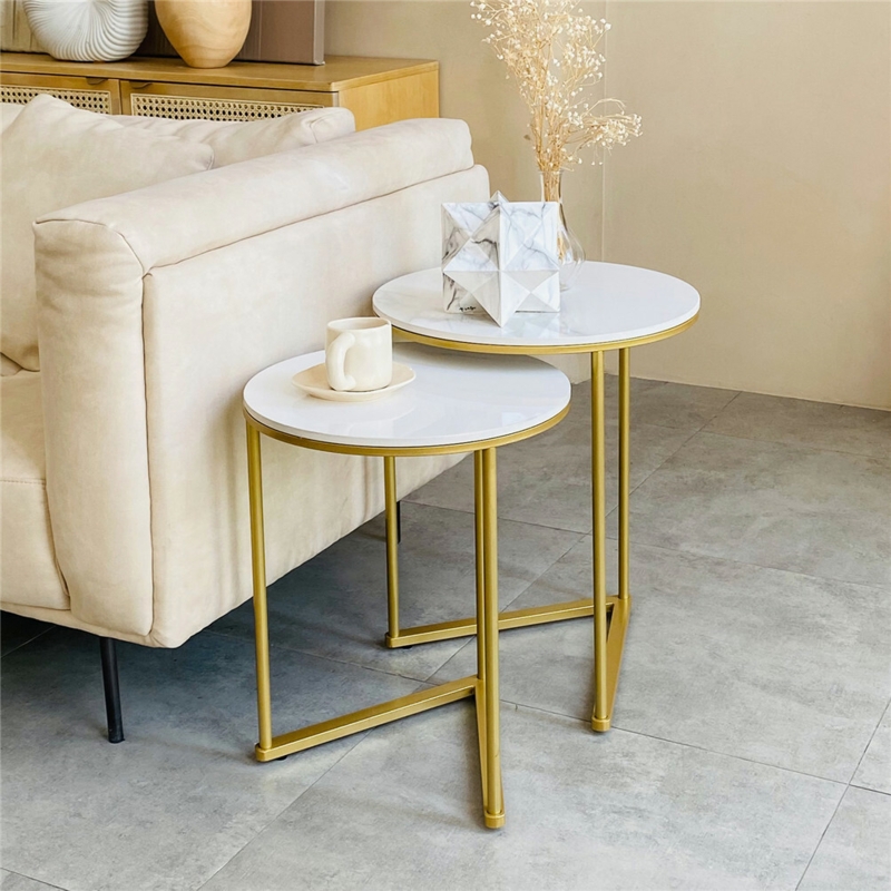 Nesting Side Tables set with Gold Finish and Marbled Pattern