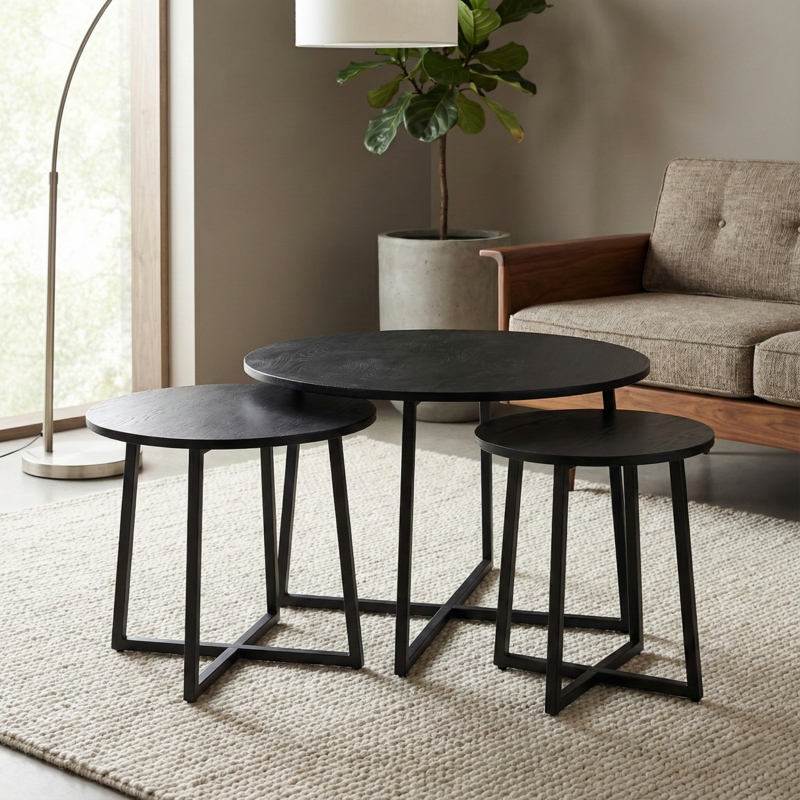 Nesting Tables Circular Industrial Set Mango Wood Metal