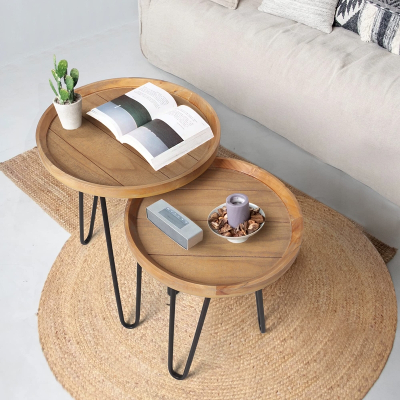 Nesting Tables farmhouse style round wood top open metal base airy