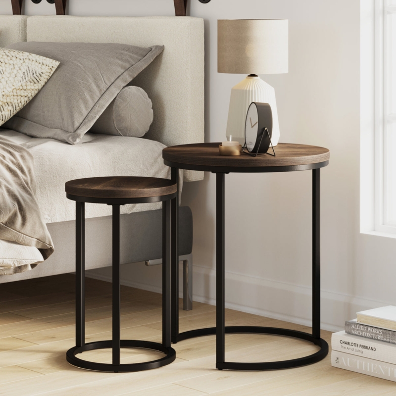 Nesting Tables Industrial Wood Toned Black Metal Cross Base