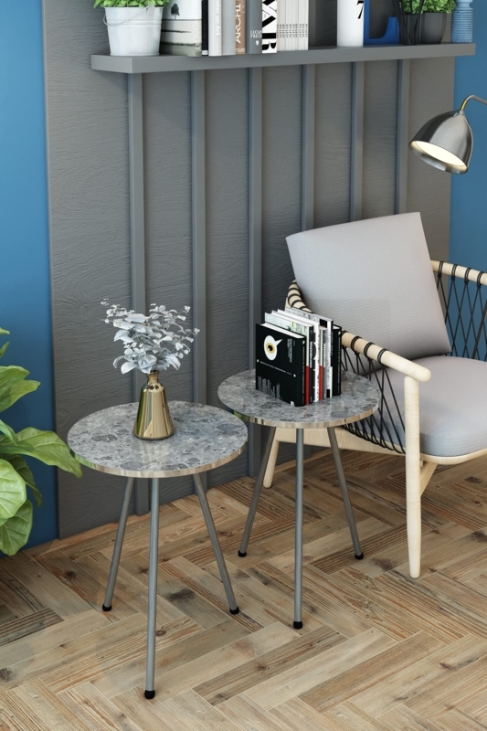 Nesting Tables Round Gray Marble Look Silver Metal Frame Set