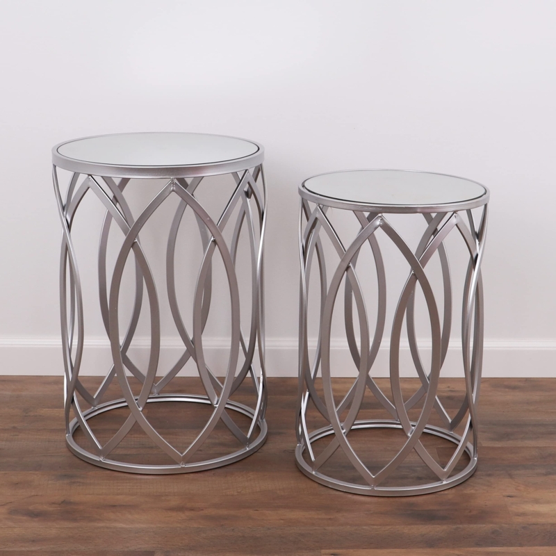 Nesting Tables Set Modern Silver Geometric Frames Mirrored Tops
