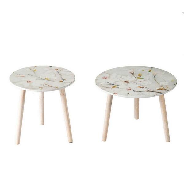 Nesting Tables Set, Round Tripod Base, White and Natural Wood