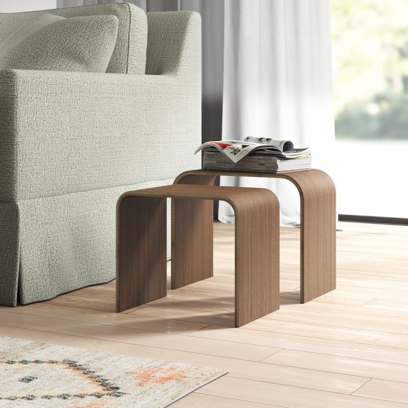 Nesting Tables Set Round Wood Top Black Metal Sled Base
