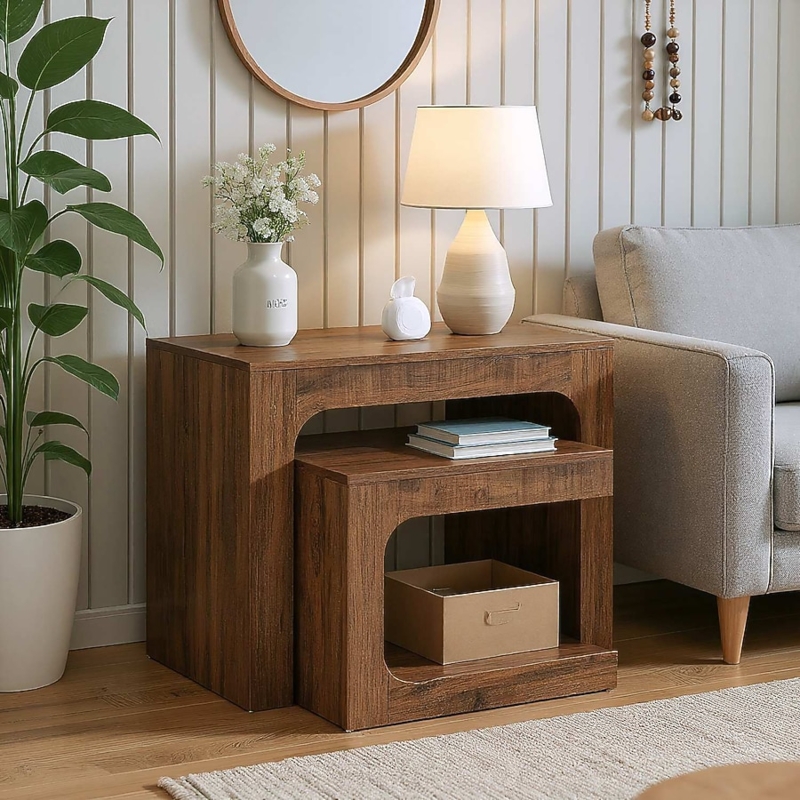 Nesting Tables Set Walnut Brown Metal Sled Base, Industrial Nesting Side Tables