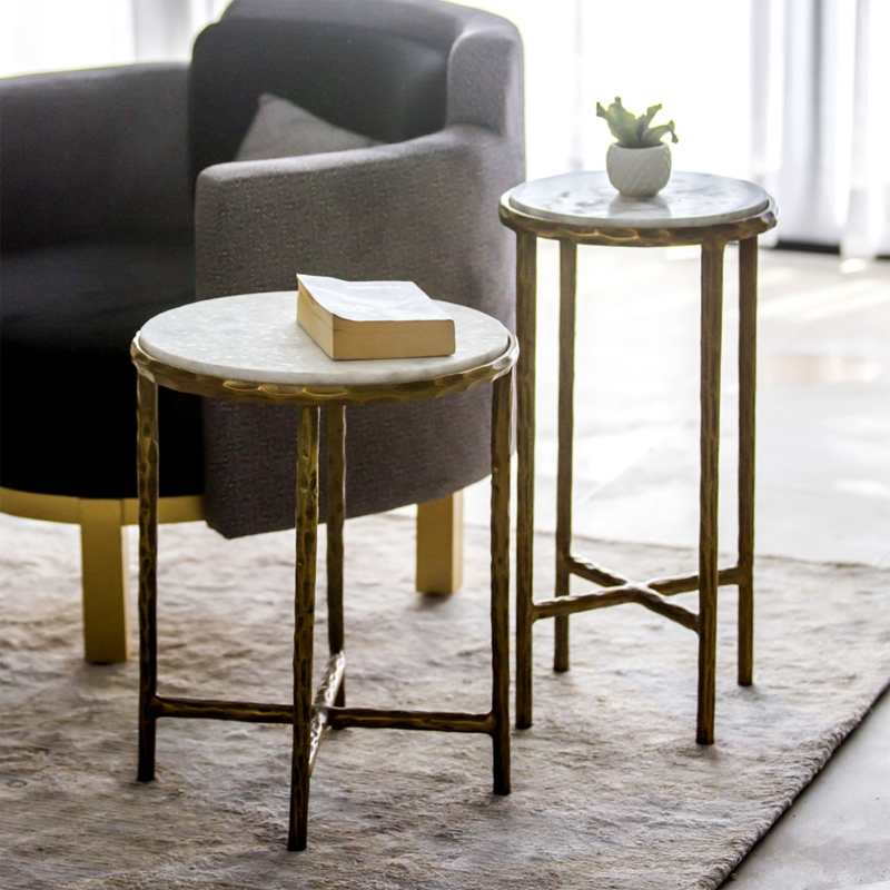 Nesting Tables Set With Marble Veining And Gold Geometric Base