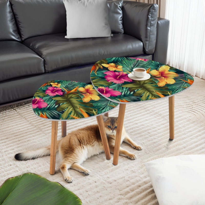 Nesting Tables Set with Triangular Tops and Tropical Leaf Pattern