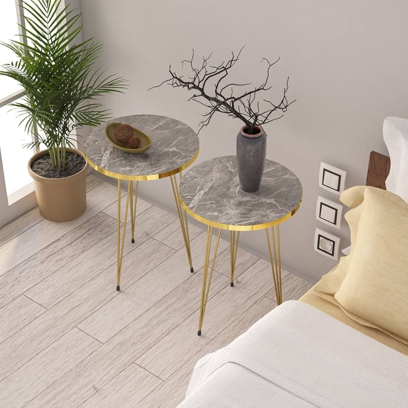 Nesting Tables Shiny Grey Marble Look Gold Metal Legs Glam