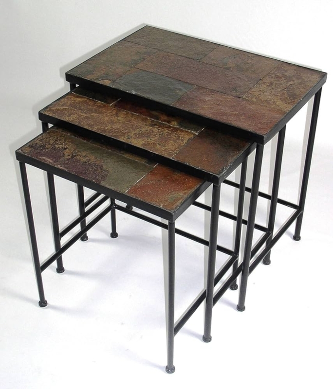 Nesting Tables Three Piece Set Black Metal, Modern Stone Top.