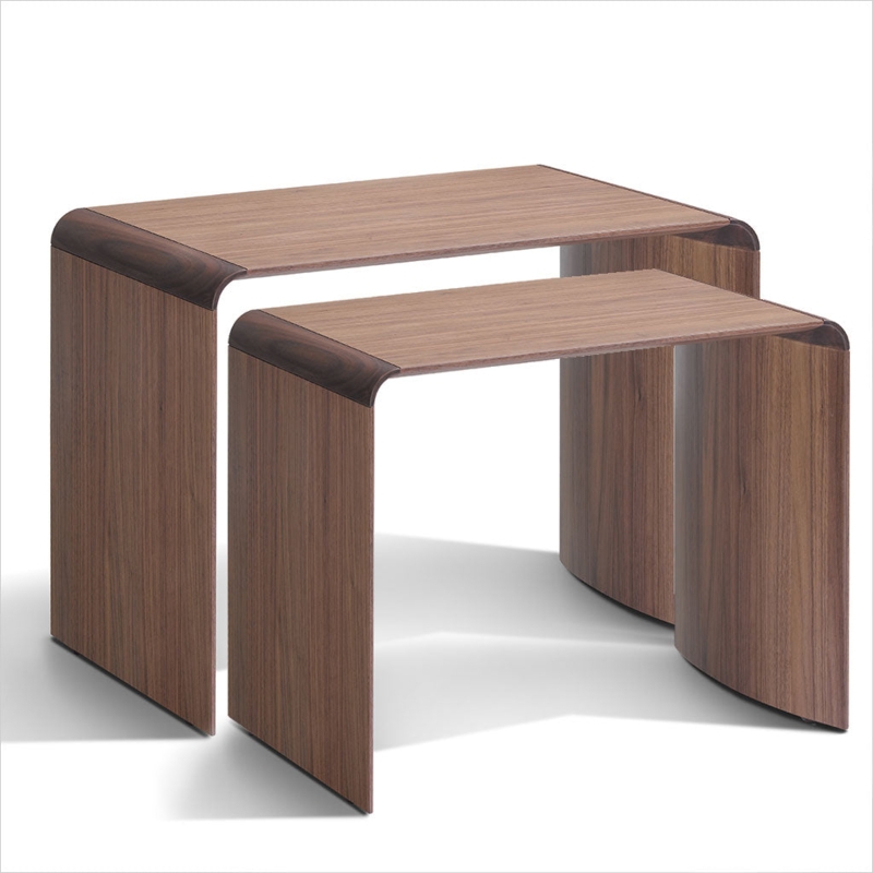 Nesting Tables triangular top walnut wood three leg base mid-century