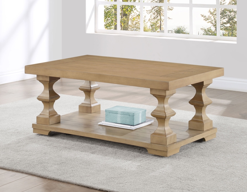 Neutral Coastal Coffee Table, Round Sand Finish Wood with Casters & Shelf